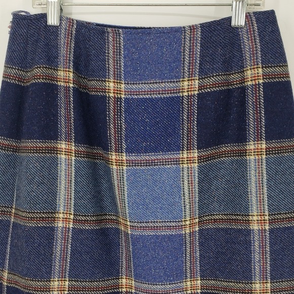 Vintage 90s Liz Claiborne Plaid Wool Skirt Sz 4 Blue Wrap Fringe Trim Tweed Mini - Picture 5 of 8